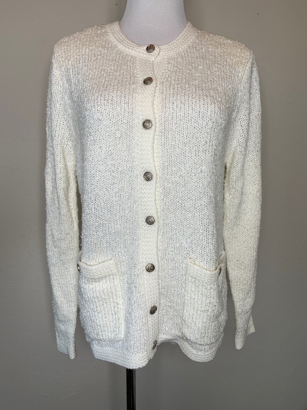 Vintage Metal Buttons Cream Cardigan Sweater Sz Small
